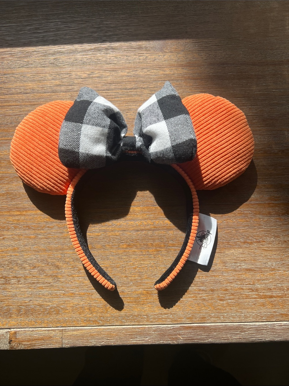 Disney Orange Corduroy Minnie Ears Headband with Black & White Plaid Bow